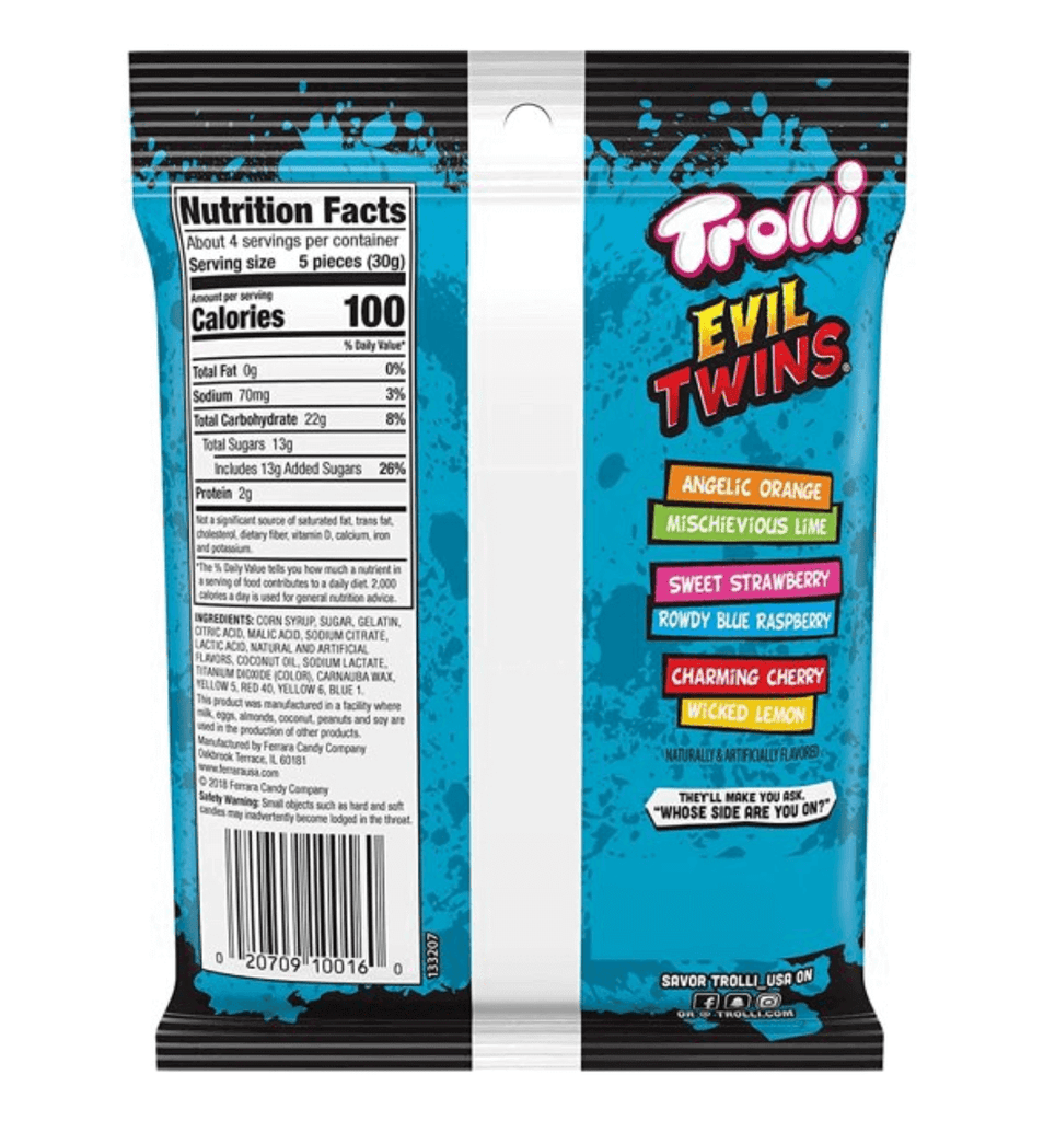 Trolli Evil Twins Sour Gummy Peg Bag 4.25oz / 120g Nutrition